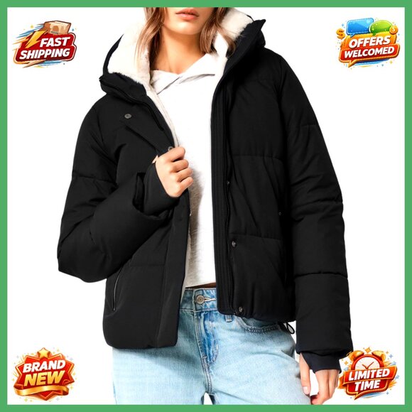 Women's Cropped Puffer Jacket Hooded Sherpa Lined Quilted Winter Coat